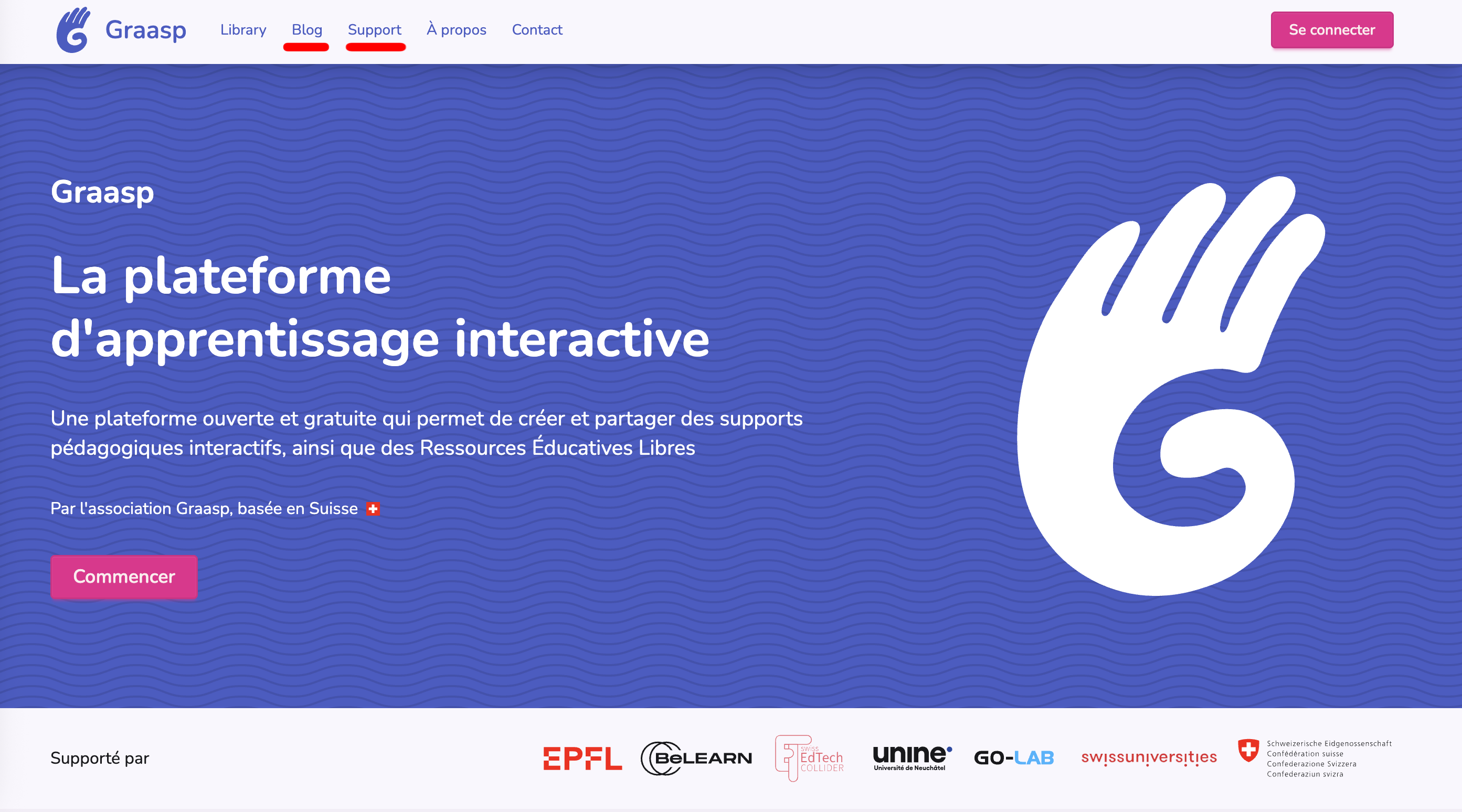 blog and support pages on homepage
